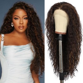 SOMIARIK Curly Lace Front Wig, Mix Brown Synthetic Lace Front Long Wig for Black Women Pre plucked with Single Bleached Knots Heat Resistant Hair Party Daily Makeup Wigs 26 Inch