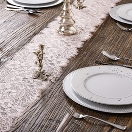 Camino de mesa bordado y duradero de encaje rosa con flecos florales, 12 x 120 pulgadas, perfecto para exteriores y elegantes bodas y decoraciones de fiesta de bebé (2 piezas)