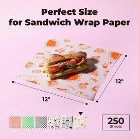 Fit Meal Prep [250 Sheets] 12x12" Deli Paper Sheets, Orange Dry Waxed Paper, Waterproof Sandwich Wrapping, Grease-Proof Wax Paper for Food Basket, Picnic, Barbecue, Restaurants, Burgers, Fries