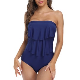 Firpearl Traje de baño de una pieza Bandeau para mujer con volantes, Azul marino/flor y brillo, 8