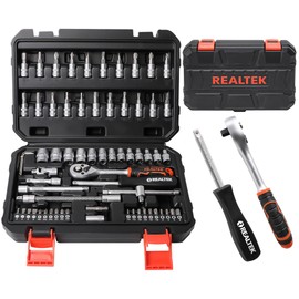 REALTEK 66 Pieces 1/4 inch Drive Socket Set, Ratchet Set with 72 Tooth Reversible Ratchet & Bit Socket Set, Professional Tool Set for Auto Repairing and Household