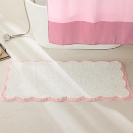 Ohocut Luxury Microfiber Scalloped Runner Rug, White Bath Rug with Pink Scalloped Piping Cute Aesthetic Bath Mat for Bathroom, Tub, Floor Carpet, Sink, Shower, Anti Slip, Extra Soft, Absorbent, 47x24