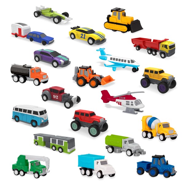 Driven by Battat – Pocket Fleet 1 – 20 Packs Mini Toy Vehicles – Camper Van, Construction Trucks, Cement Mixer, Monster Truck, Race Car & More – Gift Toy Car Playset for Boys & Girls Age 3+