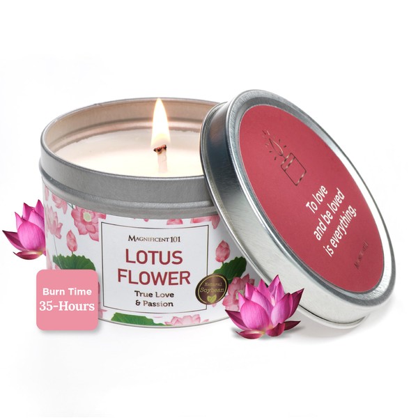 Magnificent 101 Lotus Flower Aromatherapy Candle – 6 Oz - 24 Hour Burn | All Natural & Organic Soy Wax Tin Candle for True Love & Passion, Purification, Manifestation & Chakra Healing