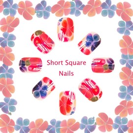 Short Press on Nails Square Floral Short Fakenails False Nails with Colorful Flower Ink Smudge Designs Cute Acrylic Nails Summer Glossy Press Nails Glue on Nails for Women 24Pcs