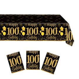 Xiliconie 3 PCS 100th Birthday Tablecloth Black and Gold Theme Table Cloths for Parties Cheer to 100 Years Happy Birthday Tablecloth for Men Women Birthday Anniversary Party Supplies