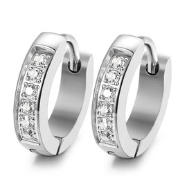 FIBO STEEL 20MM Stainless Steel Small Hoop Earrings for Men Women Huggie Earrings CZ Inlaid Silver-Tone