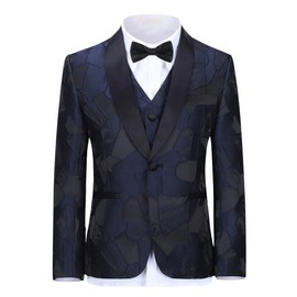 SWOTGdoby Traje de esmoquin para niños, vestido formal de jacquard, 3 piezas, chaqueta, chaleco y pantalones, Azul Marino, 8 Años