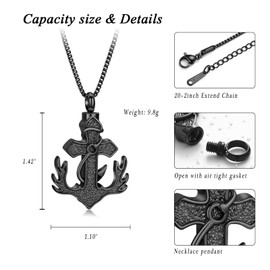 XSMZB Deer Antler Anchor Urn Necklace for Ashes Human Pet Fish Hook Cross Funeral Cremation Jewelry Keepsake Ash Pendant Memorial Necklaces(Black)