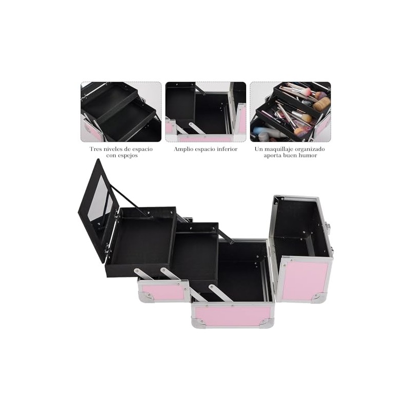 Estuche de Maquillaje Profesional de 3 Niveles con Espejo, Organizador