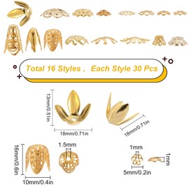 SUNNYCLUE 1 Box 480Pcs 16 Styles Antique Gold Bead Caps Hollow Flower Beads Cap Filigree Vintage Tibetan Spacer Metal Beads Caps for Jewelry Making Bracelet Necklace Earrings Findings Arts Supplies