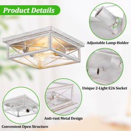 Kondras Antique White Hallway Light Fixture, 2-Light Farmhouse Flush Mount Ceiling Lighting, 1-Pack Metal Kitchen Lighting Fixture, Square Close to Ceiling Lamp for Bedroom Living Room Entryway