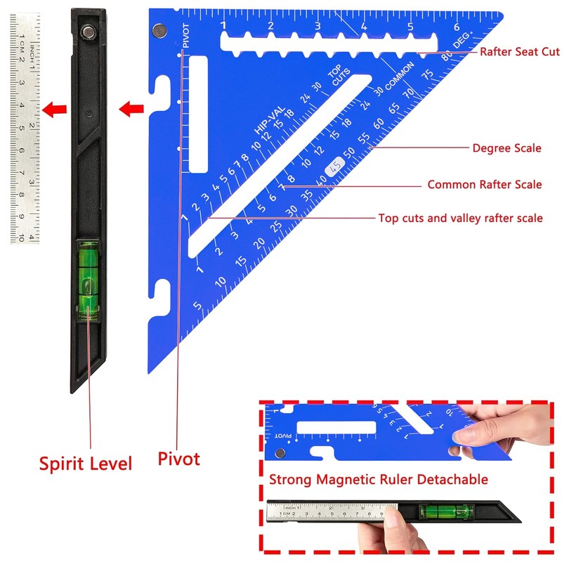 Beslands 7 inch Rafter Square with Level, Aluminum Metal Triangle