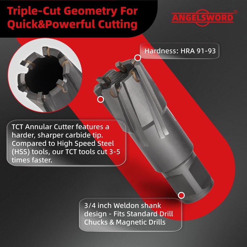 ANGELSWORD TCT Annular Cutter Diameter 1/2", Cutting Depth 2" Tungsten