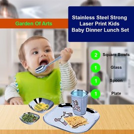 Garden Of Arts Stainless Steel Strong Laser Print Kids Baby Dinner Lunch Set- Square 2 Square Bowls 1 Glass 1 Spoon 1 Plate Ideal for Babies