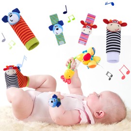 Vicloon Baby Rattle Socks Wrist Strap Rattles Set, 4pcs Baby Wrist Rattles Toys, Foot Finders & Wrist Rattles for Infants, Baby Rattle Toy Animal Wrist Rattle Soft Bell Gift for 0-6 Month (Calf