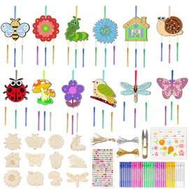 Pack of 12 Wooden Spring Wind Chimes Set, Children's Birthday Craft Set, Spring - Wooden Wind Chime Craft Set for Boys and Girls, Wind Chimes Craft Set Children
