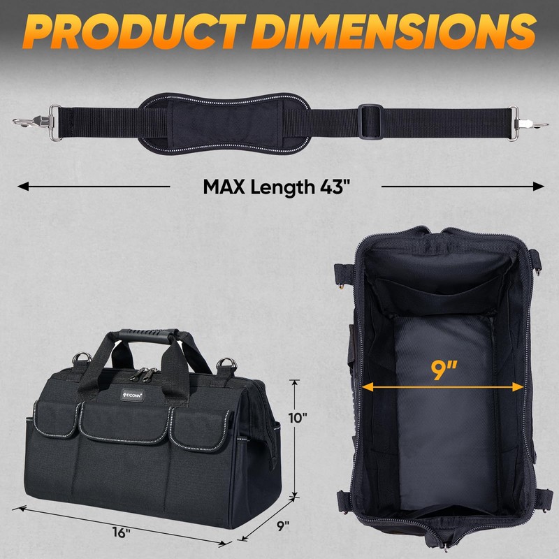 TICONN Heavy Duty Tool Bag with Multi-Pockets, Portable Tool Box