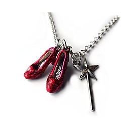 Little Gem Girl The Wonderful Oz Ruby Red Slippers Ornament Unisex Adult Charm Dorothy's Shoes Glinda's Wand 6 inch chain