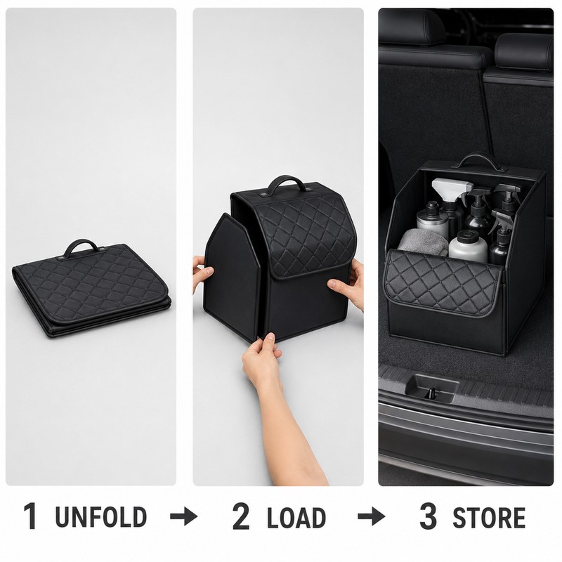 Foldable PU Leather Car Trunk Organizer with Lid, Large Capacity