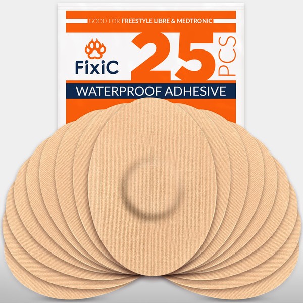 FixiC Freestyle Adhesive Patches 25 PCS – Good for Libre 1, 2 – Enlite – Guardian – Waterproof Adhesive Patches – Libre Adhesive Covers – Pre-Cut – The Best Fixation for Your Sensor! (Tan)