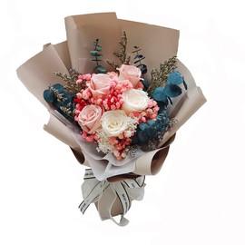 Generic ALIAUS Bouquet of natural preserved flowers and 5 roses Long Lasting, Presents for her: Women's Day, Valentine's Day, Mother's Day, Birthday, Yellow champagne and beige.