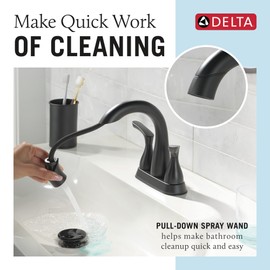 Delta Broadmoor Centerset Matte Black Bathroom Faucet with Sprayer, 4 Inch 3 Hole Bathroom Sink Faucet with Pull Out Sprayer, Push-Pop Drain, Matte Black 25765LF-BLPD