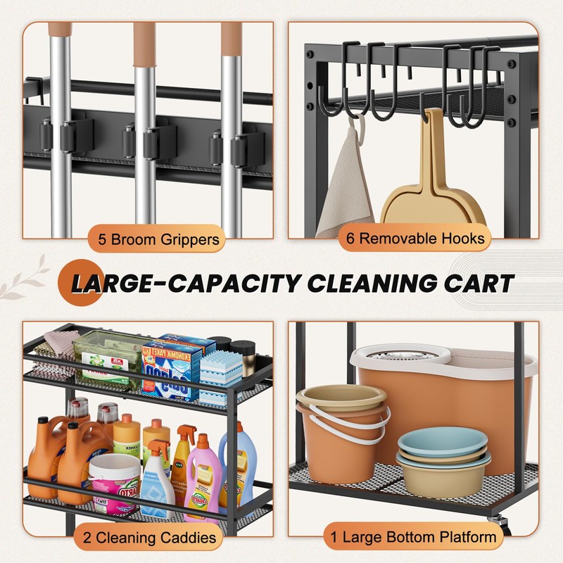 Broom Holder with Cleaning Supplies Organizer, Broom Closet Storage Cabinet