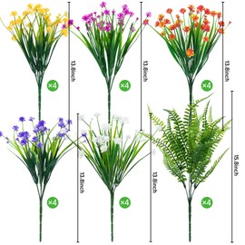 Ouddy Decor 24 Bundles Artificial Flowers for Outdoors UV Resistant Fake Plastic Plants Faux Boston Fern Greenery Stems for Spring Summer Indoor Garden Patio Window Box Kitchen Home Decor, Mixedcolor