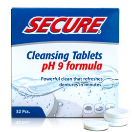 Secure Daily Cleansing Tablets - pH 9 Formula Thoroughly Cleans Dentures - Fights Odors, Stains & Germs - For Dentures, Nightguards, Retainers & Partials - 32 Tablets (1 Pack)