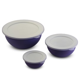 Omada Design, Set of 3 Salad Bowls with Lids (16.91oz - 50.72oz - 118.35oz) White Interior and Colourful Exterior, in Antibacterial Material, Sanaliving Line