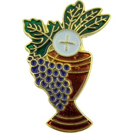 Chalice with Grapes and Wheat 1 Inch Gold Plate with Enamel First Communion Lapel Pin