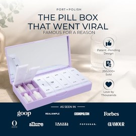 PORT X POLISH Designer Weekly Pill Box Organizer (AM/PM 2X Daily, Lilac) | Compact, Stylish 7-Day Vitamin Supplement Case | Cute Portable Mini Travel 