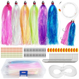 FREE FISHER 200pcs Fishing Teasers Lures Kit Includes Mylar Flash Teasers Bucktails, Floats, Fishing Beads, Hooks, Barrel Swivels, Fishing Line Pre-Rigged Flounder Rig Trolling Offshore Saltwater