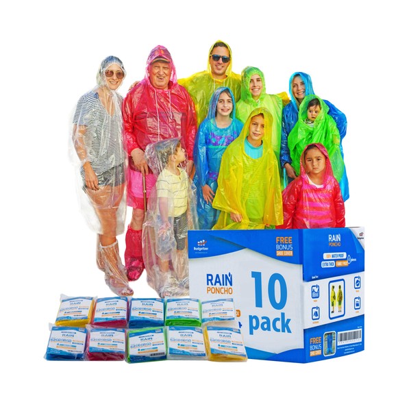 Budgetizer Rain Ponchos Family Pack Extra Thick – Shoe Covers Included 10 Pack