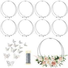 8 Pack 18 Inches Metal Double Floral Hoop Centerpieces with Stand and 38-Yard Paddle Wire Craft Centerpiece Table Decorations Wedding/Baptism/Party/Centerpiece DIY Metal Ring Table Décor, Silver