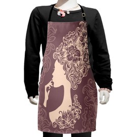 Ambesonne Vintage Woman Apron, Woman Silhouette with Flowered Hair Style Abstract Beauty Image, Small Apron Bib with Adjustable Ties for Baking Painting, Small Size, Mauve Taupe and Beige