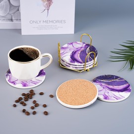 Geichan Purple Coasters for Drinks with Gold Holder,Absorbent Marble Coasters Set with Cork Base for Tabletop Protection