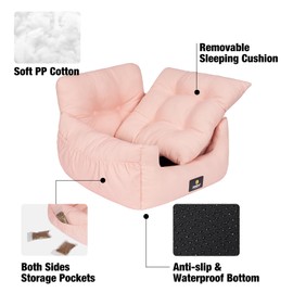 Veehoo Dog Car Seats for Small Dogs, Soft Cotton Dog Booster Seat Bed, Washable & Portable Pet Carseat Travel Bed with Safety Leash, Storage Pocket and Anti-Slip Bottom for Dog, Puppy, Cat, Pink
