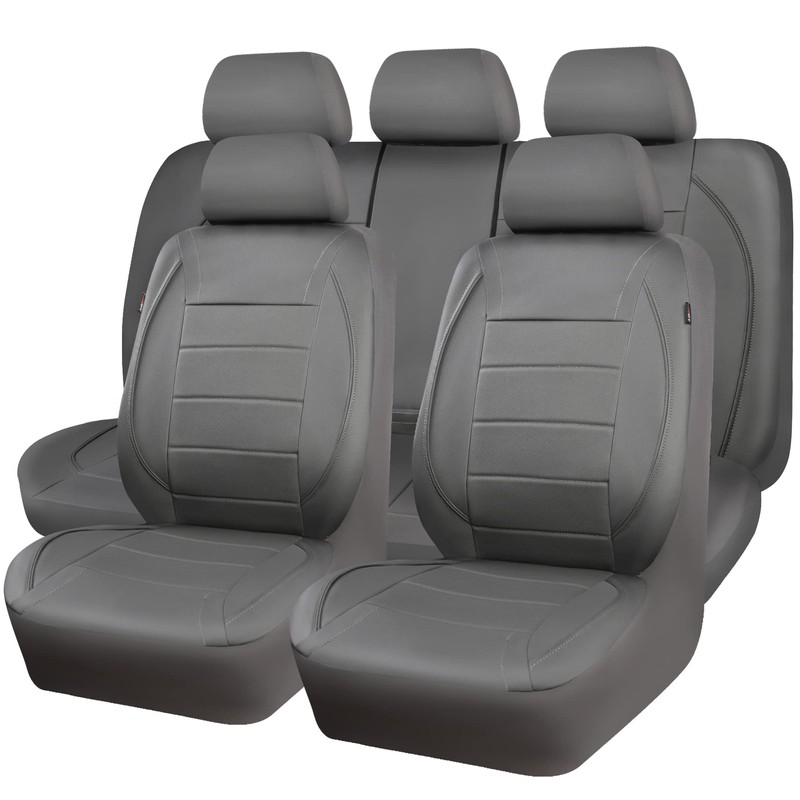 CAR PASS Piping Faux Leather Car Seat Cover Full Set,Grey