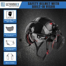 UM ULTRAMAXX Safety Helmet with Built-in Visor Bluetooth Ear Muffs Kits, Hard Hat with Vented Design, ANSI Z89.1 Certified, Ideal for Industrial and Construction,Black