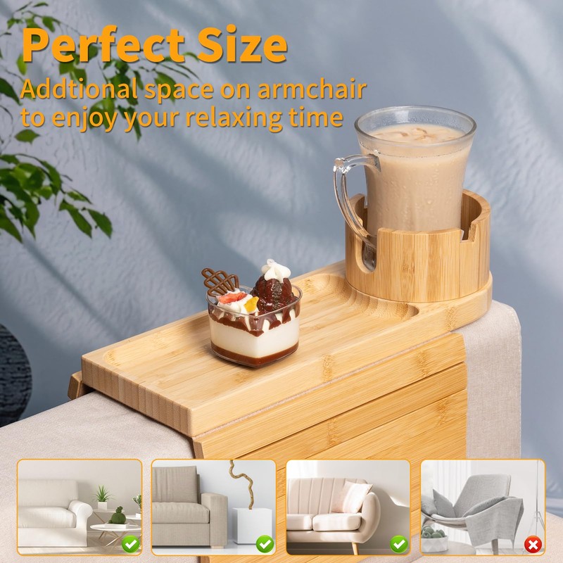 Bamboo Couch Cup Holder-Sofa Table Fits Most Sofas,3-in-1 Tray for