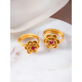 Aheli Gold Plated Rani Pink Synthetic Stone Studded Floral Adjustable Toe Ring Bichiya Jewellery Gift for Women