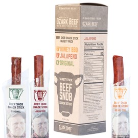 Beef Snob Snack Sticks - Variety Pack - Original (6), Jalapeno (7), Honey BBQ (7) - 1 Ounce Snack - 20 Meat Sticks Per Box - High Protein Snack, Keto Friendly, Gluten Free Jerky Sticks