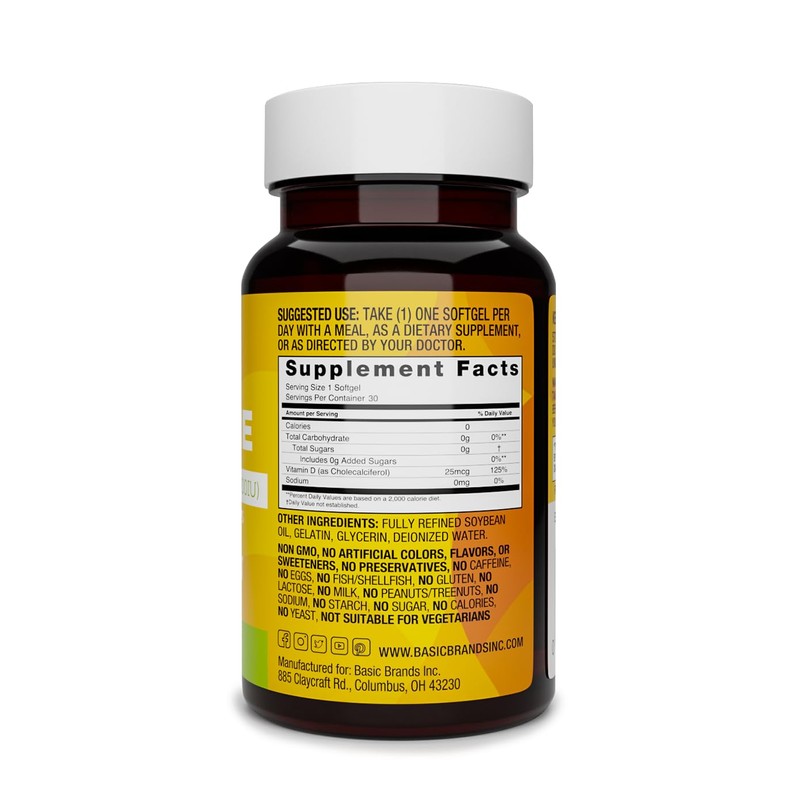 Basic Brands Happy Sunshine Vitamin D3, 2000IU, 30 Count