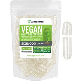 XPRS Nutra Cápsulas veganas vacías transparentes tamaño 000, 100 unidades, cápsula de píldora vegetariana/vegetal, relleno de suplementos DIY
