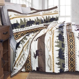 CARSTENS, INC. Rustic Cabin Lodge Comforter Set Queen/Full - Outdoor Themed Striped Bedding Set, 3 Pieces Bed Set