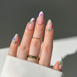 24 PCS Almond Press on Nails Medium Fake Nails Glossy Glue on Nails White French Tip Acrylic Nail Supplies Stiletto Artificial Nail Art Flower Stick on False Nails with Design DIY