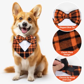 cyeollo 2 Pack Fall Dog Tuxedo Bandana Thanksgiving Dog Costume with Bowtie, Plaid Dog Tux Collar Puppy Costumes Formal Outfit for Small Dogs Cats, Orange S
