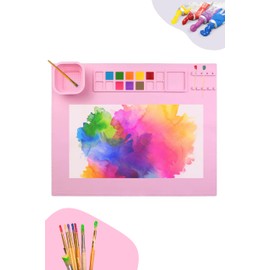 Generic 20"" x 16"" Silicone Painting Station Mat with Removable Water Cup - Perfect Silicone Drawing Mat for Children, Adults, and Crafts, Pink